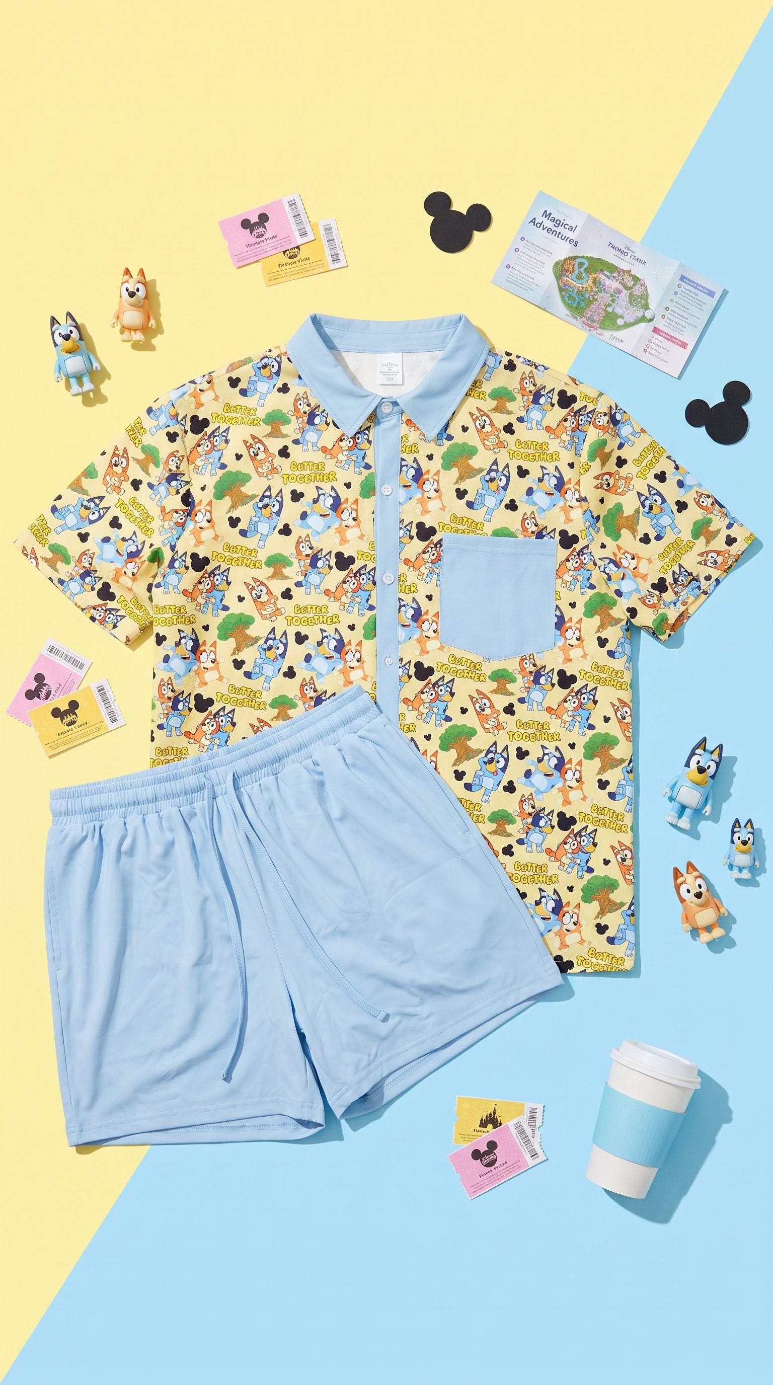 Bluey & Bingo “Better Together” Men’s Athletic Button-Up Shirt and Short Set